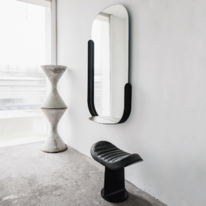 H.E.A.310 grey leather upholstered stool and Wonderland mirror with a tray by Christophe de la Fontaine for Dante - Goods and Bads