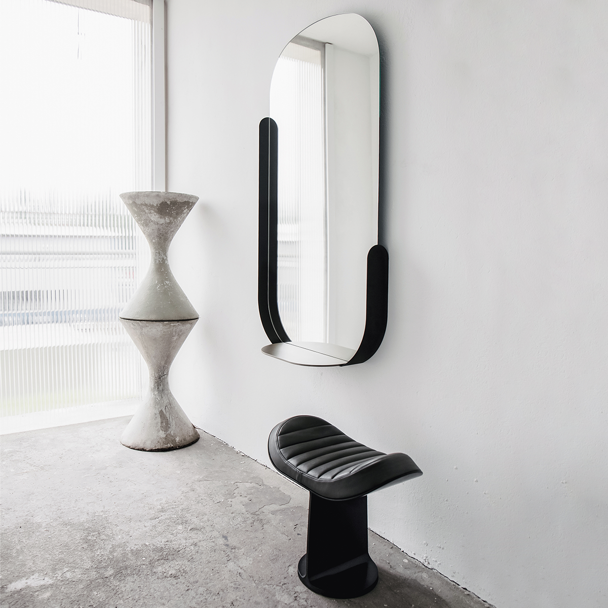 H.E.A.310 grey leather upholstered stool and Wonderland mirror with a tray by Christophe de la Fontaine for Dante - Goods and Bads
